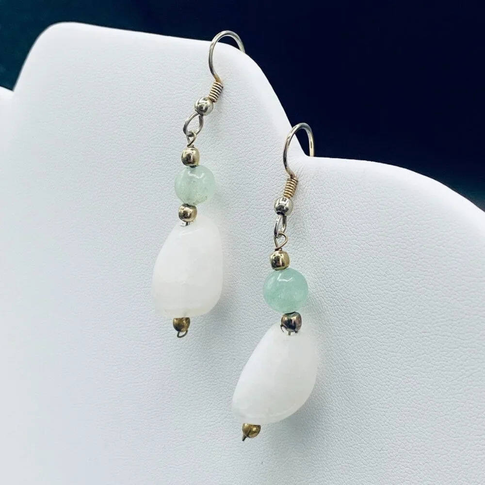 Natural Quartz and Nephrite Stone Pierced Earrings
